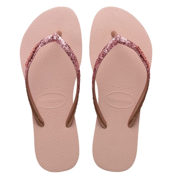 Havaianas Glittery Slim Ballet Rose/Golden Blush Flip Flop Sandals - Picture 1 of 14
